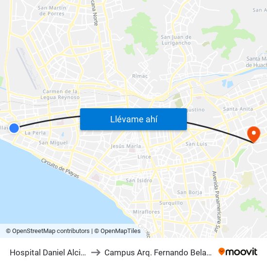 Hospital Daniel Alcides Carrión to Campus Arq. Fernando Belaunde Terry - Usil map