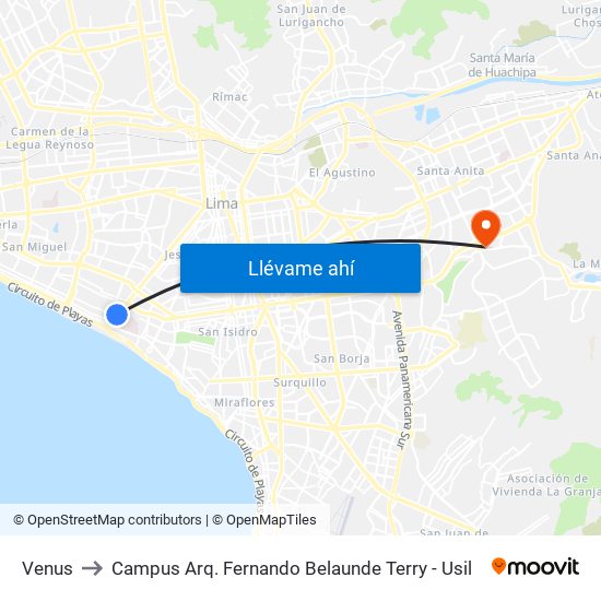 Venus to Campus Arq. Fernando Belaunde Terry - Usil map