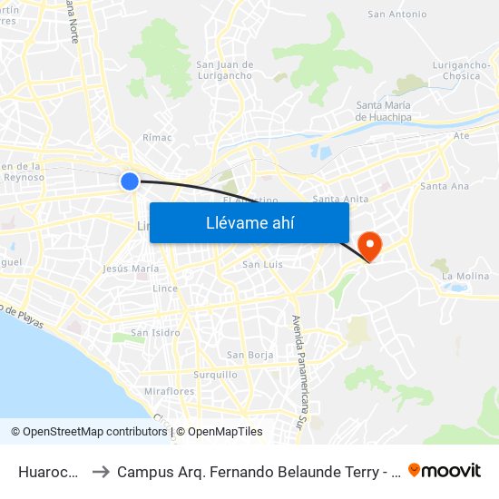 Huarochirí to Campus Arq. Fernando Belaunde Terry - Usil map