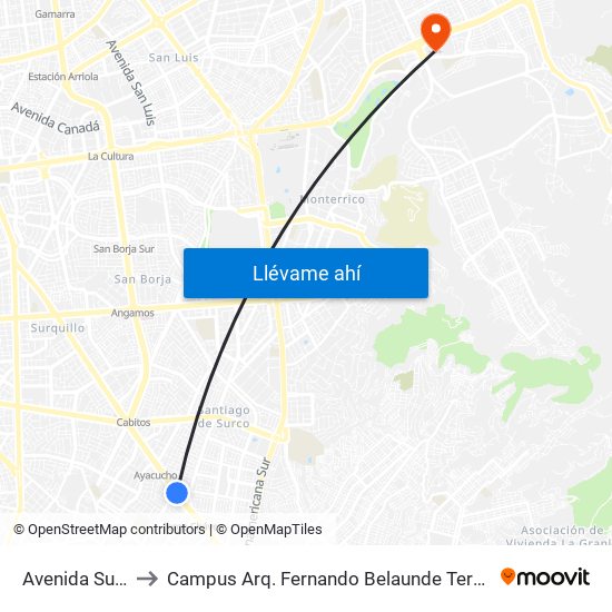 Avenida Surco to Campus Arq. Fernando Belaunde Terry - Usil map