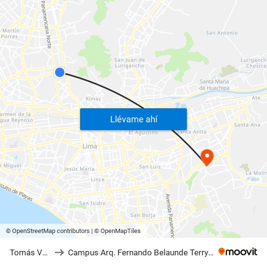 Tomás Valle to Campus Arq. Fernando Belaunde Terry - Usil map