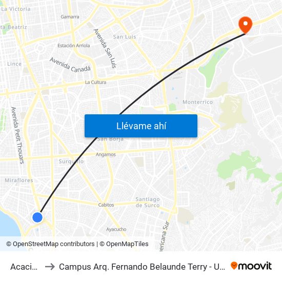 Acacias to Campus Arq. Fernando Belaunde Terry - Usil map