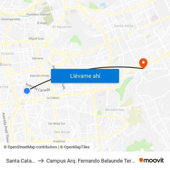 Santa Catalina to Campus Arq. Fernando Belaunde Terry - Usil map