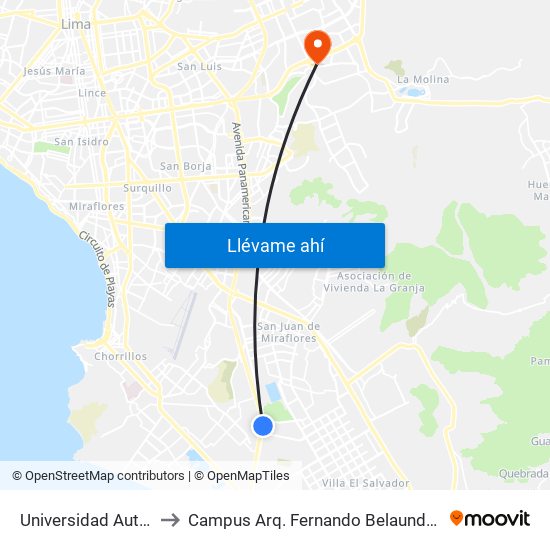 Universidad Autonoma to Campus Arq. Fernando Belaunde Terry - Usil map