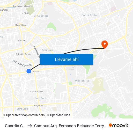Guardia Civil to Campus Arq. Fernando Belaunde Terry - Usil map