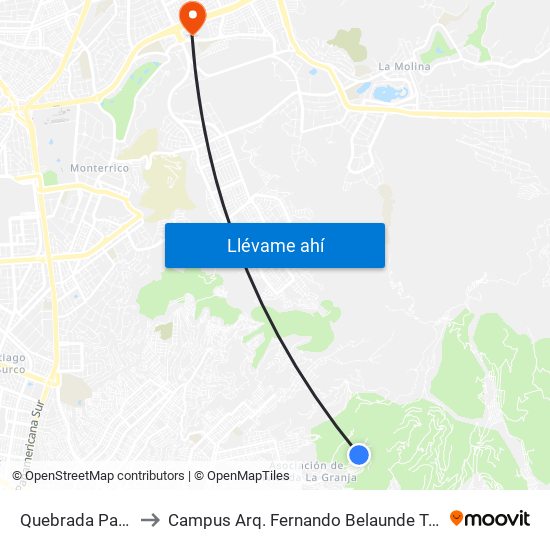 Quebrada Paraiso to Campus Arq. Fernando Belaunde Terry - Usil map
