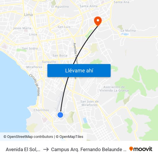 Avenida El Sol, 1175 to Campus Arq. Fernando Belaunde Terry - Usil map