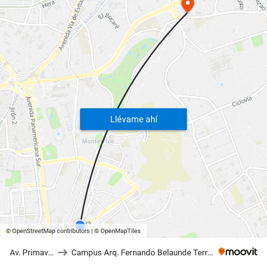 Av. Primavera to Campus Arq. Fernando Belaunde Terry - Usil map