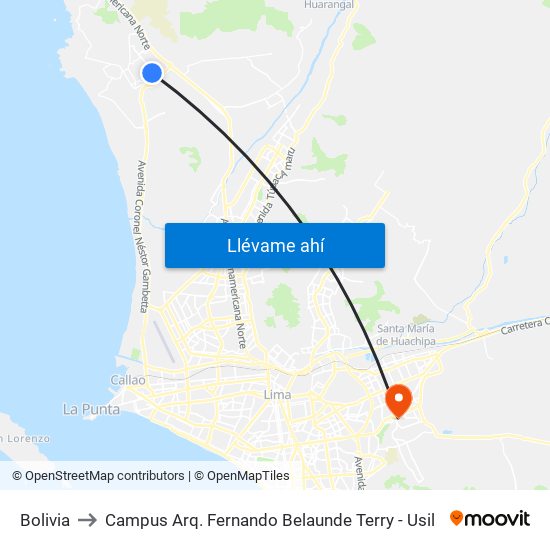 Bolivia to Campus Arq. Fernando Belaunde Terry - Usil map