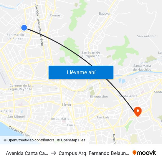 Avenida Canta Callao, 165 to Campus Arq. Fernando Belaunde Terry - Usil map