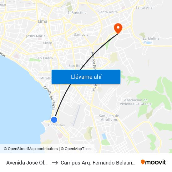 Avenida José Olaya, 165 to Campus Arq. Fernando Belaunde Terry - Usil map