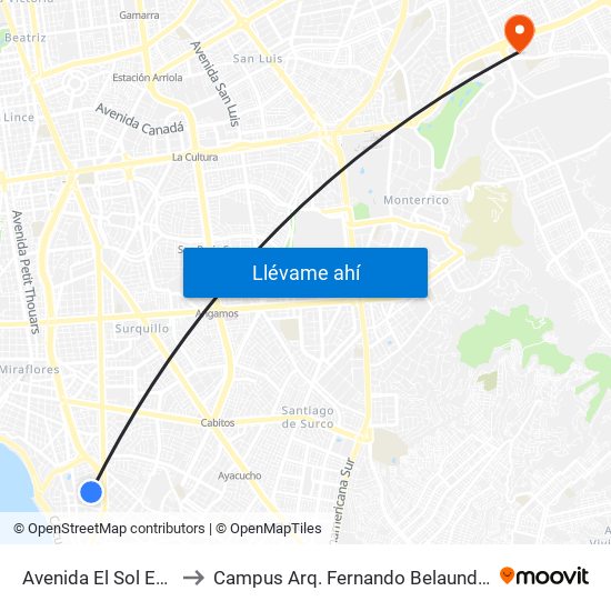 Avenida El Sol Este, 473 to Campus Arq. Fernando Belaunde Terry - Usil map