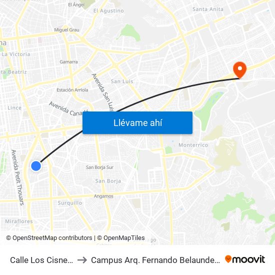 Calle Los Cisnes, 584 to Campus Arq. Fernando Belaunde Terry - Usil map