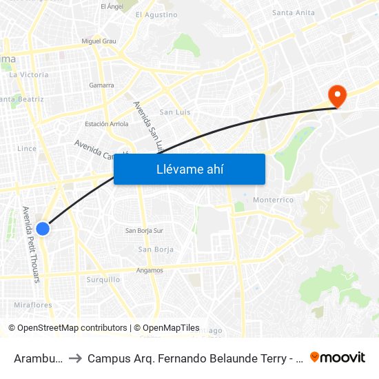 Aramburú to Campus Arq. Fernando Belaunde Terry - Usil map