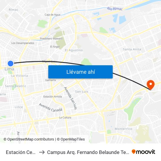 Estación Central to Campus Arq. Fernando Belaunde Terry - Usil map