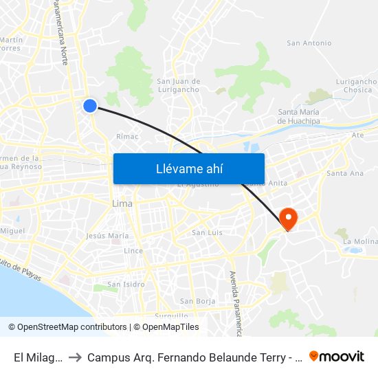 El Milagro to Campus Arq. Fernando Belaunde Terry - Usil map
