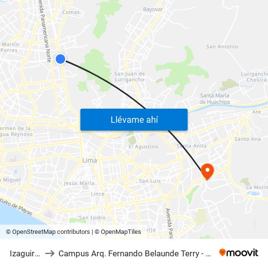 Izaguirre to Campus Arq. Fernando Belaunde Terry - Usil map