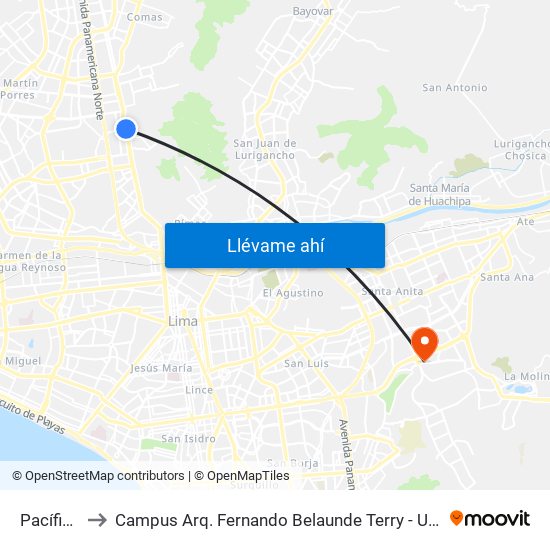Pacífico to Campus Arq. Fernando Belaunde Terry - Usil map