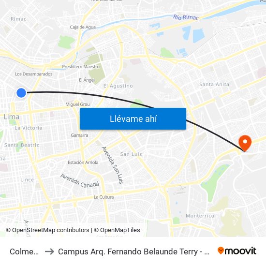 Colmena to Campus Arq. Fernando Belaunde Terry - Usil map