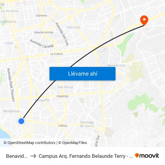 Benavides to Campus Arq. Fernando Belaunde Terry - Usil map