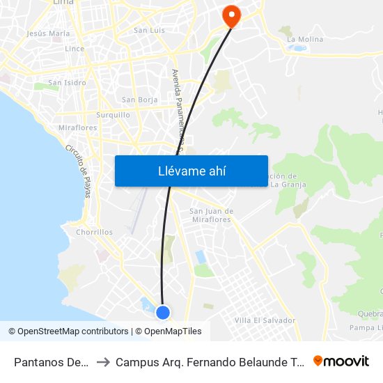 Pantanos De Villa to Campus Arq. Fernando Belaunde Terry - Usil map