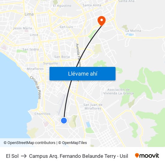 El Sol to Campus Arq. Fernando Belaunde Terry - Usil map