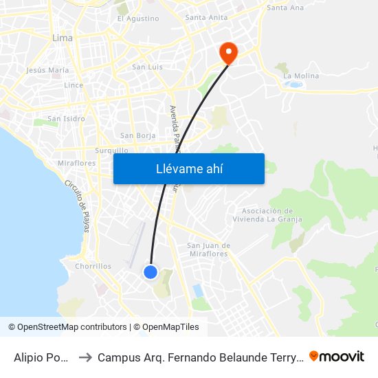 Alipio Ponce to Campus Arq. Fernando Belaunde Terry - Usil map