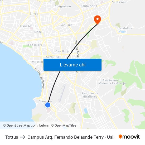 Tottus to Campus Arq. Fernando Belaunde Terry - Usil map