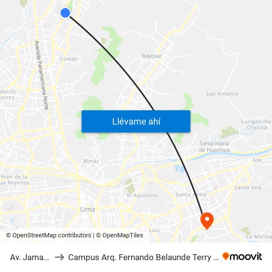 Av. Jamaica to Campus Arq. Fernando Belaunde Terry - Usil map