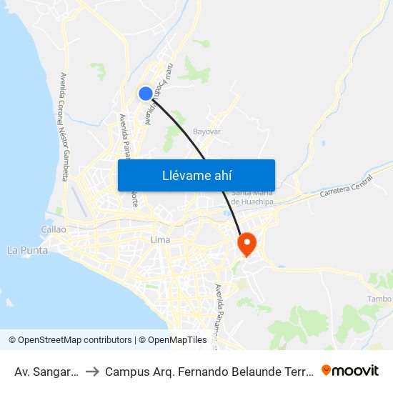 Av. Sangarara to Campus Arq. Fernando Belaunde Terry - Usil map
