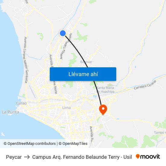 Peycar to Campus Arq. Fernando Belaunde Terry - Usil map