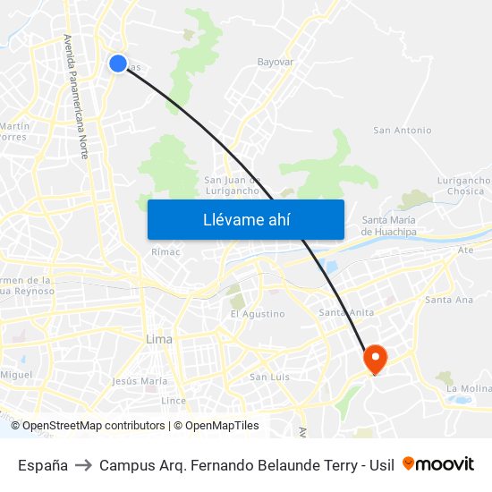 España to Campus Arq. Fernando Belaunde Terry - Usil map