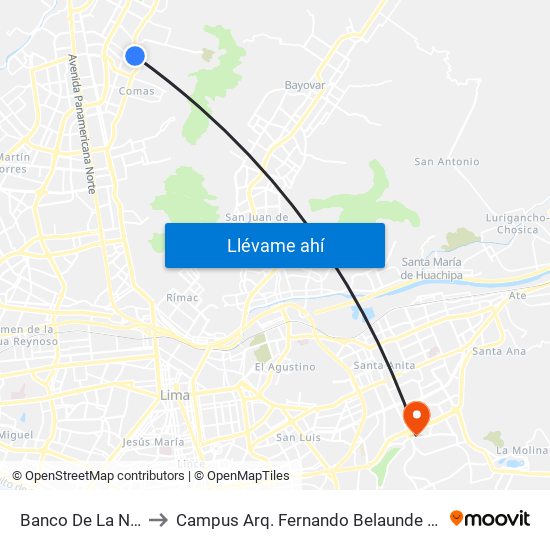 Banco De La Nacion to Campus Arq. Fernando Belaunde Terry - Usil map