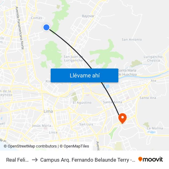 Real Felipe to Campus Arq. Fernando Belaunde Terry - Usil map