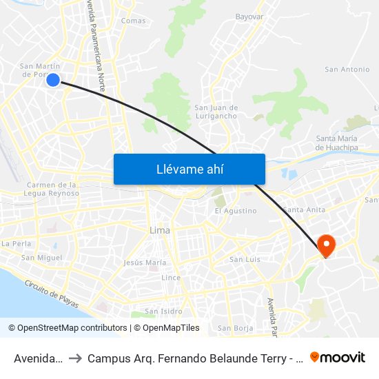 Avenida B to Campus Arq. Fernando Belaunde Terry - Usil map