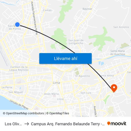 Los Olivos to Campus Arq. Fernando Belaunde Terry - Usil map