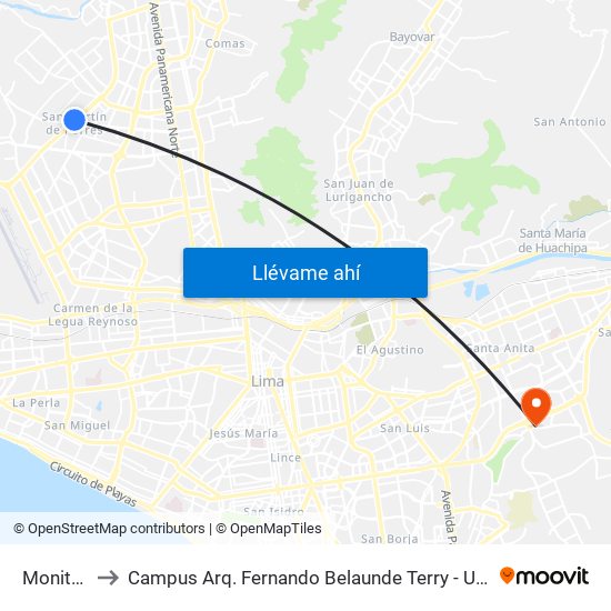 Monitor to Campus Arq. Fernando Belaunde Terry - Usil map