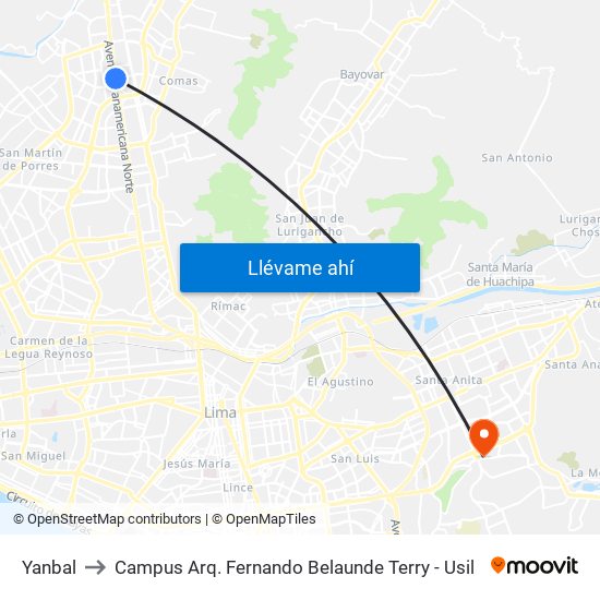 Yanbal to Campus Arq. Fernando Belaunde Terry - Usil map