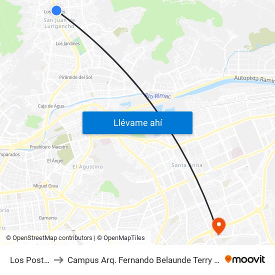 Los Postes to Campus Arq. Fernando Belaunde Terry - Usil map