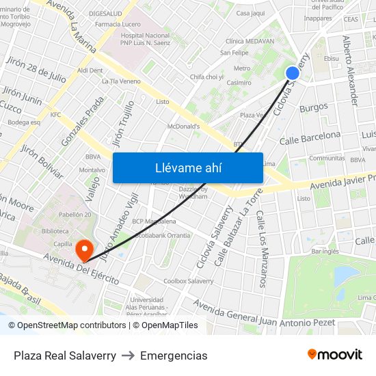 Plaza Real Salaverry to Emergencias map