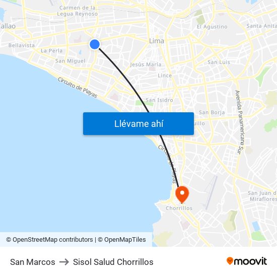 San Marcos to Sisol Salud Chorrillos map