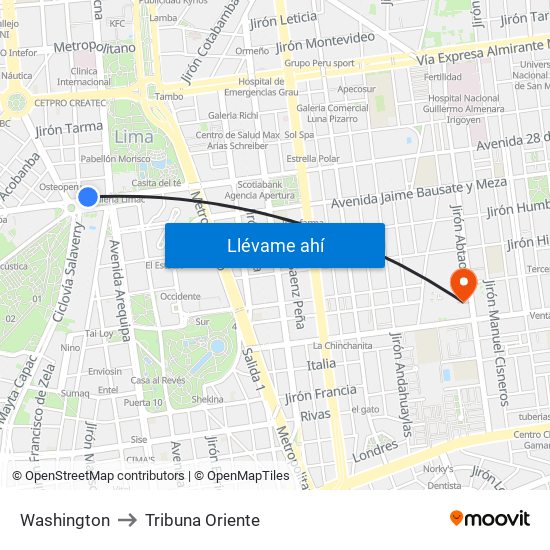 Washington to Tribuna Oriente map