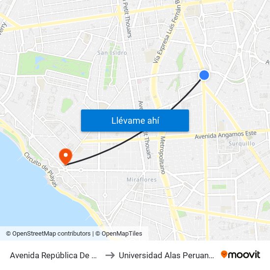 Avenida República De Panamá, 3887 to Universidad Alas Peruanas - Santa Cruz map