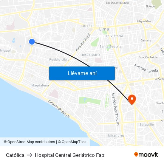 Católica to Hospital Central Geriátrico Fap map