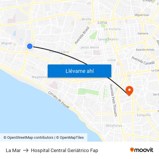 La Mar to Hospital Central Geriátrico Fap map