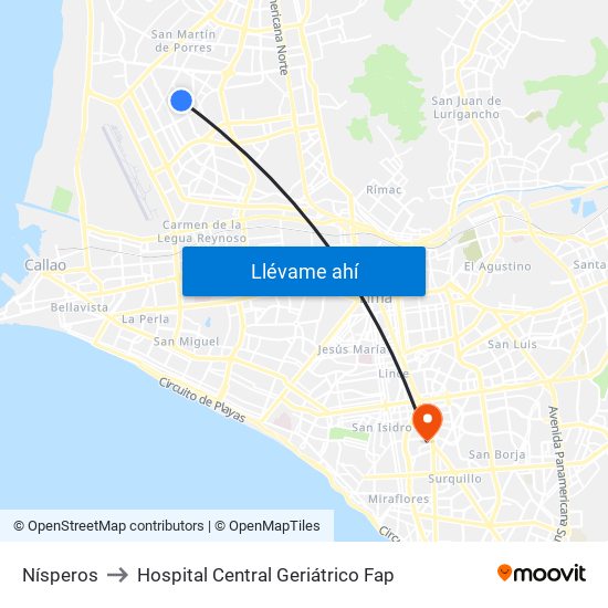 Nísperos to Hospital Central Geriátrico Fap map