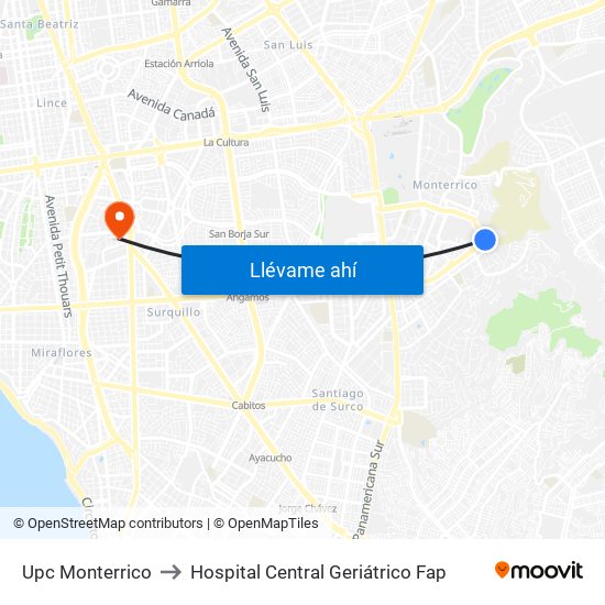 Upc Monterrico to Hospital Central Geriátrico Fap map