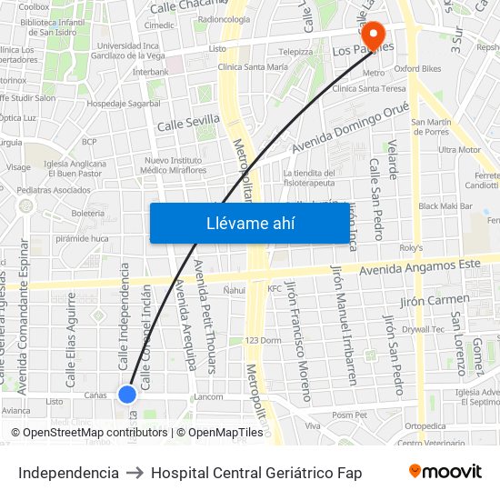 Independencia to Hospital Central Geriátrico Fap map