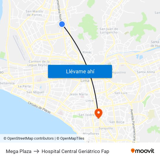 Mega Plaza to Hospital Central Geriátrico Fap map