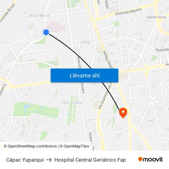 Cápac Yupanqui to Hospital Central Geriátrico Fap map